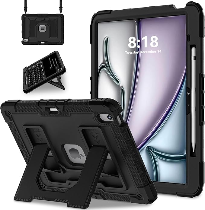 Kids Friendly Case for iPad Air 13 Inch M4 M3 M2 2026/2025/2024 Case with Pencil Holder & Shoulder Strap, Military Grade Shockproof Kickstand Hard Shell Protective Cover,Black