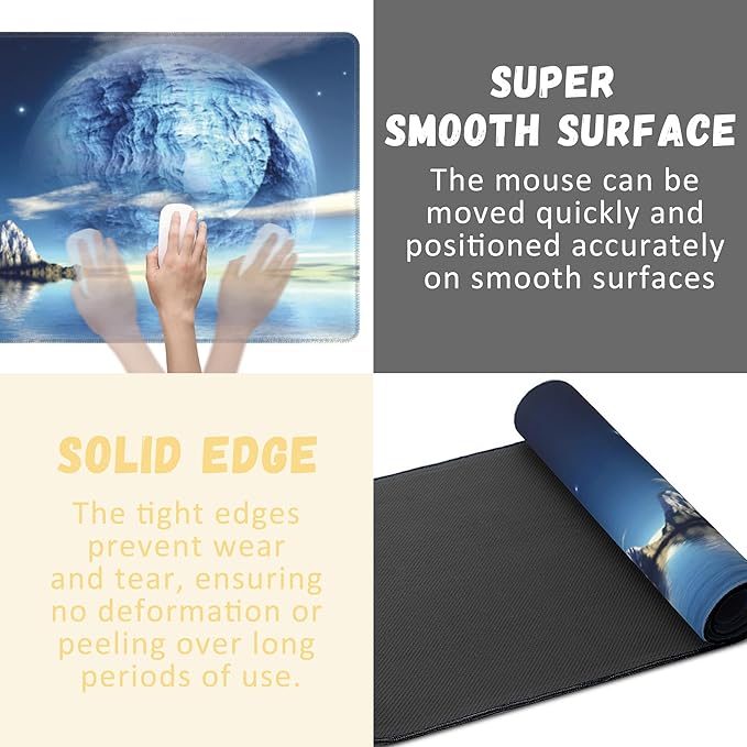 Extended Gaming Mouse Pad SciFi Space Moon Large Mousepad with Stitched Edges,Anti-Slip Rubber Base Keyboard Mouse Mat Desk Pad for Gaming Home Office 35.4 x 15.7 inches