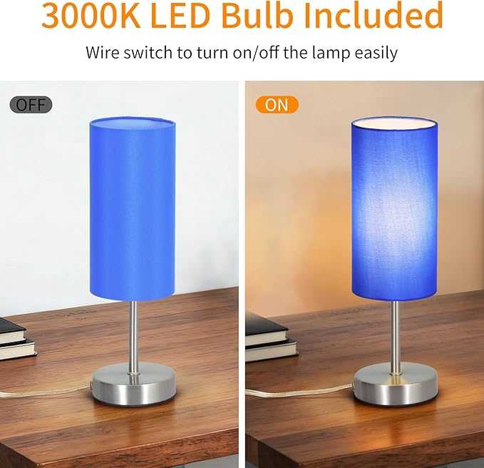 RISLG 2 Pack Small Table Lamps for Bedroom, Bedside Lamps for Nightstand with Wire Switch, Minimalist Modern Desk Lamps with Linen Fabric Shade for Kids Room Living Room Office Dorm, Bulb Included