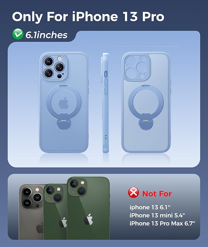 FNTCASE for iPhone 13 Pro Case: [360 Spin Magnetic Stand] [Compatible with Magsafe] [Screen Protector] Translucent Matte Military Grade Shockproof Full Camera Protective Phone Cover - Light Blue