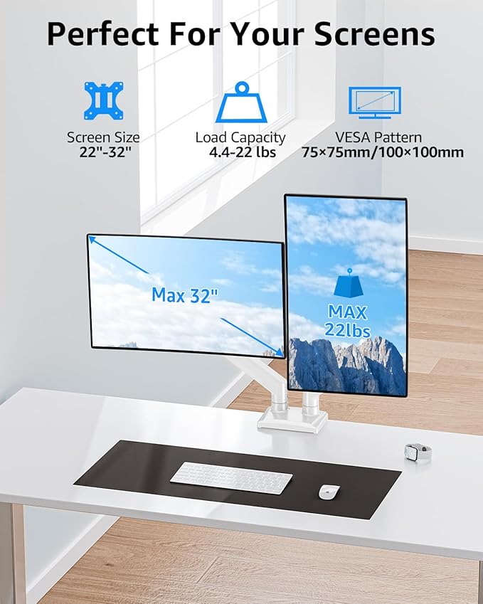 Dual Monitor Stand fits up to 32 inch, 4.4-22 lbs Computer Screens, Dual Monitor Desk Mount Height Adjustable, Monitor Arms for 2 Monitors, Home Office VESA Mounts, Freelift White
