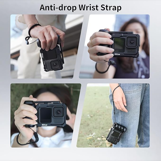 Nitze Street Snap Grip Kit for GoPro Hero 13/12/11/10/9 Black, Metal Xplorer Grip Kit with Cage, Ergonomic Street Handle, Wrist Strap and Cold Shoe Shutter Button - T-GP03B