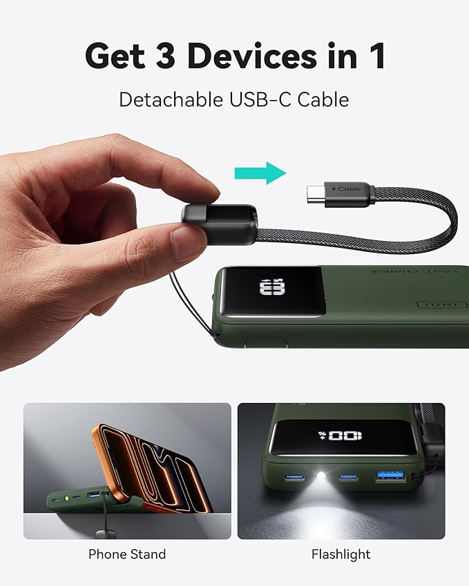 INIU Portable Charger, Compact 45W Fast Charging Power Bank, 10000mAh USB C Battery Pack with Cable & Stand, TSA Travel Phone Charger for iPhone 17 16 15 14 Pro Max, Samsung S26, iPad etc, Green
