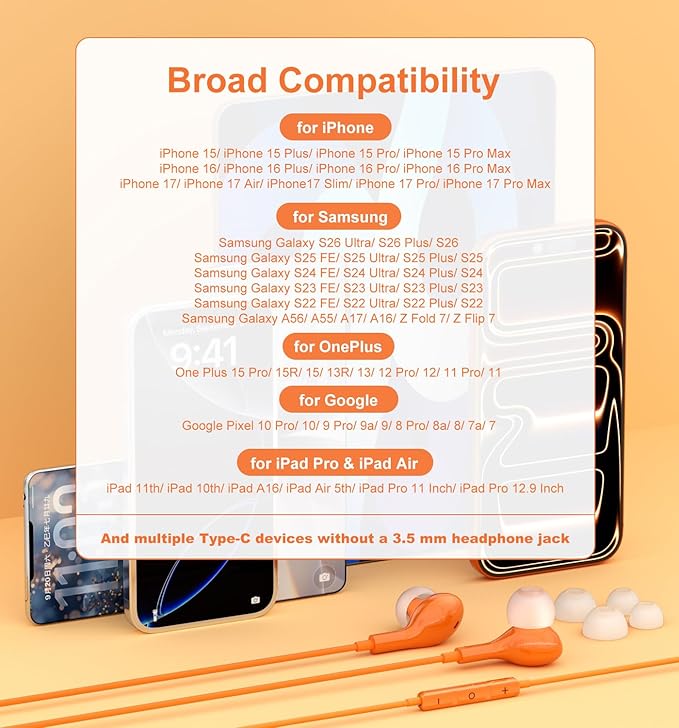 Wired Earbuds USB C for iPhone 17 Pro Max 15 16 iPad Air Pro 11/13 in Ear Headphones Wired with Microphone Volume Control Type C Headphones for Samsung S26 S25 Ultra S24 A16 A56 Xiaomi Pixel Orange