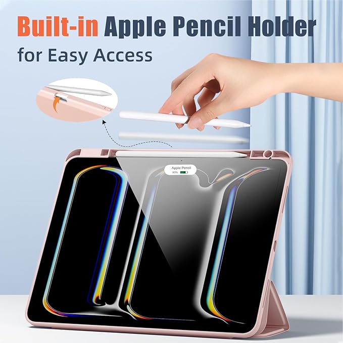 New Compatible with iPad Pro 13 inch Case M5 2025/M4 2024 with Built-in Pencil Holder, Kidopire for iPad Pro 13 Case with Hard Clear Back Shell, Support Pencil Pro & Pencil USB-C, Auto Wake/Sleep,Pink