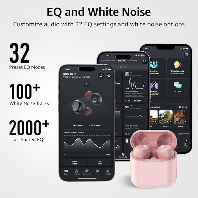TOZO T6 Wireless Earbuds, Bluetooth 5.3 Ear Buds, Stereo Sound in Ear Headphones, 50 Hours Playtime, Wireless Charging Case, APP Customizable EQs, IPX8 Waterproof Earphones
