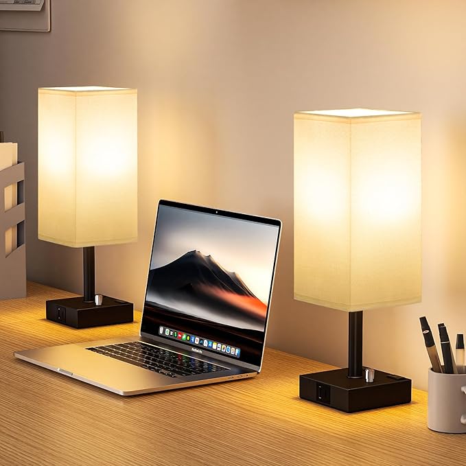 aooshine White Fully Dimmable Nightstand Lamps Set of 2 - Table Bedside Lamp with USB C+A Charging Ports & 2 AC Outlets, Square Lamp Sets Linen Fabric Shade for Bedroom Living Room(Bulb Included)