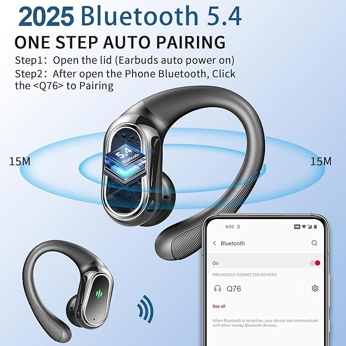 Wireless Earbuds, 2026 Bluetooth 5.4 Headphones Sport, 60Hrs HiFi Stereo Deep Bass Over-Ear buds with ENC Noise Cancelling Mic, IP7 Waterproof & LED Display Earphones with Earhooks for Workout/Running