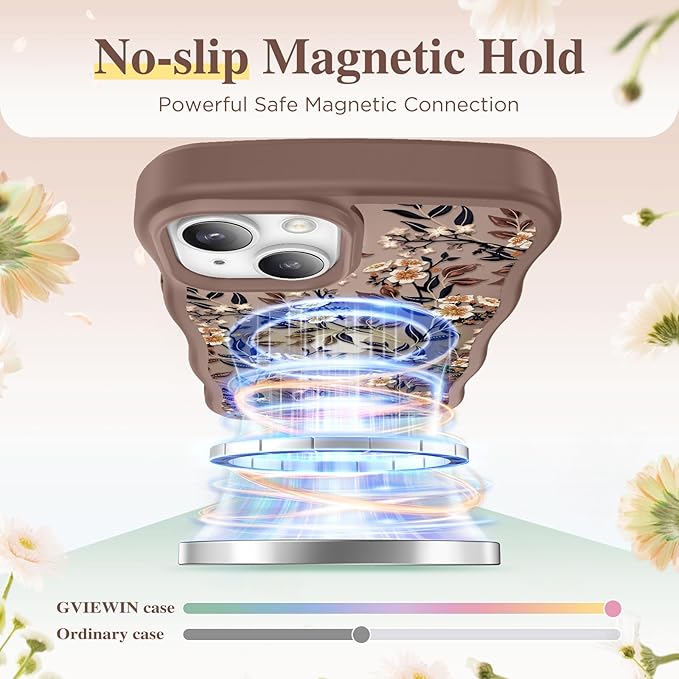 GVIEWIN Cute for iPhone 14 Case & iPhone 13 Case [Compatible with MagSafe] [Curly Wave Edge] Floral Translucent Magnetic Shockproof Protective Phone Cover for iPhone 14/13 6.1'', Bunchflower/Brown