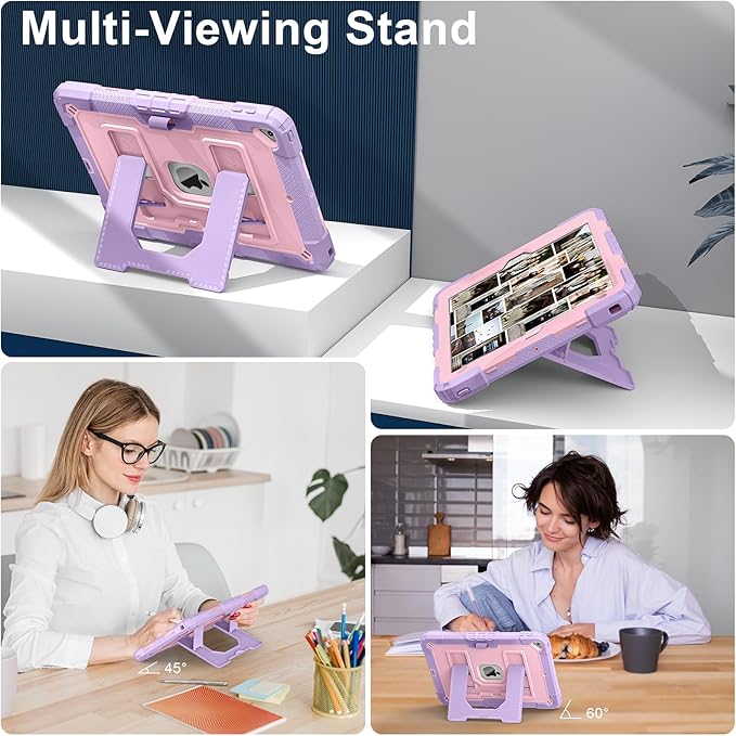 DreamerX for iPad 9th/8th/7th Generation Case (10.2 inch, 2021/2020/2019), Heavy Duty Military Grade Shockproof Protective Cover Stand Pencil Holder Shoulder Strap for iPad 9/8/7 Gen, Purple Rose Gold