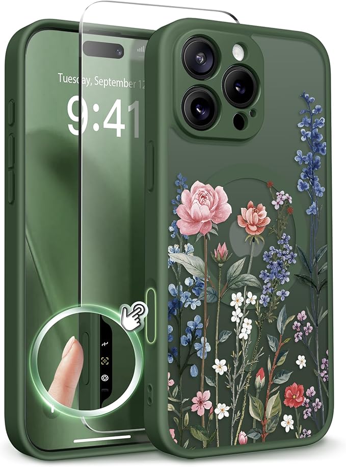 GVIEWIN for iPhone 16 Pro Max Case Compatible with MagSafe, [Military Grade Protection] [Screen Protector] Full Camera Protection Floral Translucent Women Magnetic Phone Case, Lush Garden/Forest Green