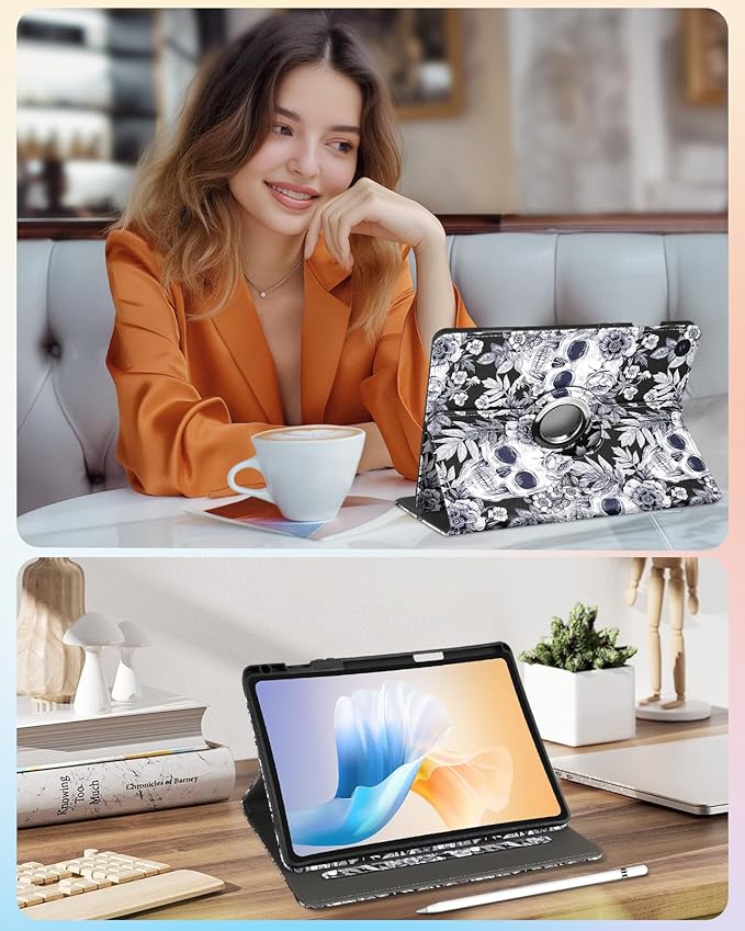 Kidcube for Samsung Galaxy Tab A9 Plus Case 11 Inch - for Women Girls Cute Rotating Stand Folio Cover with Pencil Holder & Card Slot Flowers Goth Skull Unique Design for Samsung A9 Plus Tablet Cases