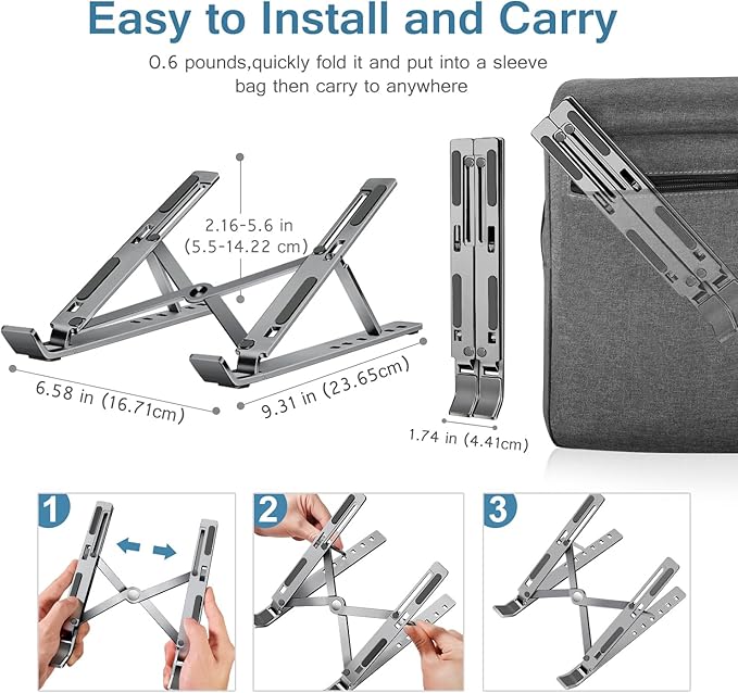ivoler Laptop Stand, Laptop Holder Riser Computer Tablet Stand, 6 Angles Adjustable Aluminum Ergonomic Foldable Portable Desktop Holder Compatible with MacBook,iPad, HP, Dell, Lenovo 10-15.6” Gray