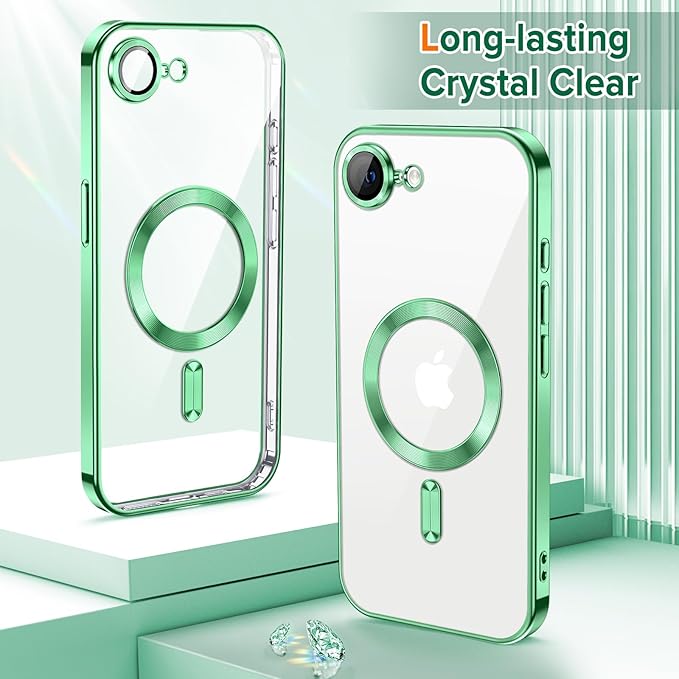 Hython Magnetic Clear for iPhone 17e Case with Camera Lens Protector [Compatible with MagSafe] Luxury Plating Edge Slim Soft TPU Cover Protective Phone Case for iPhone 17e 6.1", Light Green