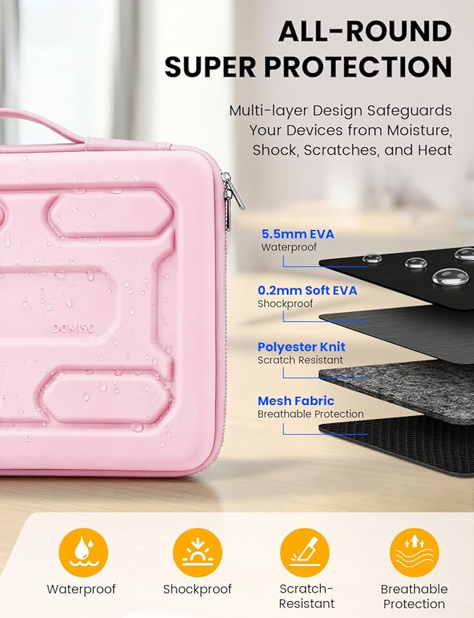 DOMISO Laptop Hard Case 15-16 inch Waterproof Shockproof Hard Shell Laptop Sleeve with Handle & Storage Pocket, Compatible with MacBook, HP, Dell,Pink