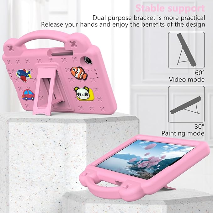 AKABEILA Compatible with Lenovo Tab One 2025 8.7 inch Tablet Case, Kids Friendly Universal Lightweight Shockproof Protective Case with Shoulder Strap & Stand Handle Pink