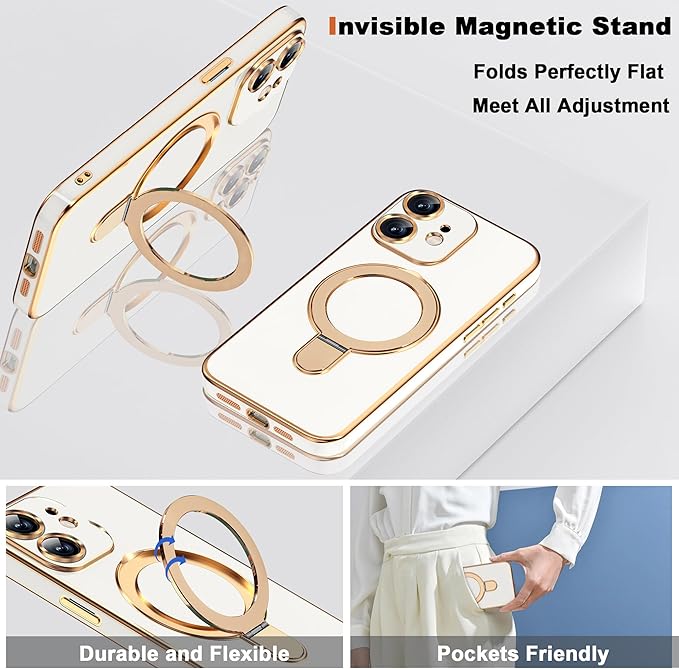 Compatible with iPhone 12 Case with Magnetic Ring Stand [Compatible with Mag-Safe] [Full Camera Lens Protector] Soft Plating Phone Case for iPhone 12 6.1", White