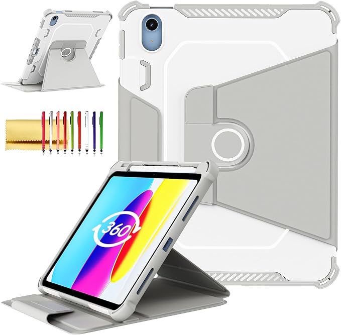Rotating Case for iPad 11" A16 2025 / iPad 10th Generation 10.9" 2022 Smart Cover with Pencil Holder, Techcircle [Corner Protection] Hybrid TPU+PC Magnetic Flip Stand Soft Bumper Cover, Light Gray