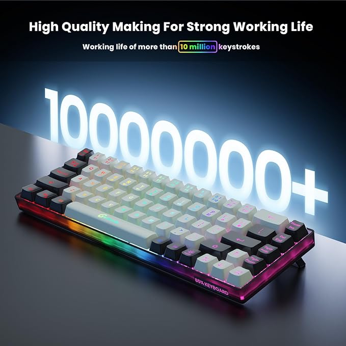 GEODMAER 65% Wireless Gaming Keyboard: LED Backlit, 68 Keys, Ultra-Compact, Anti-ghosting, No-Conflict Wireless Keyboard for PC Laptop Windows Gamer(White-Black)