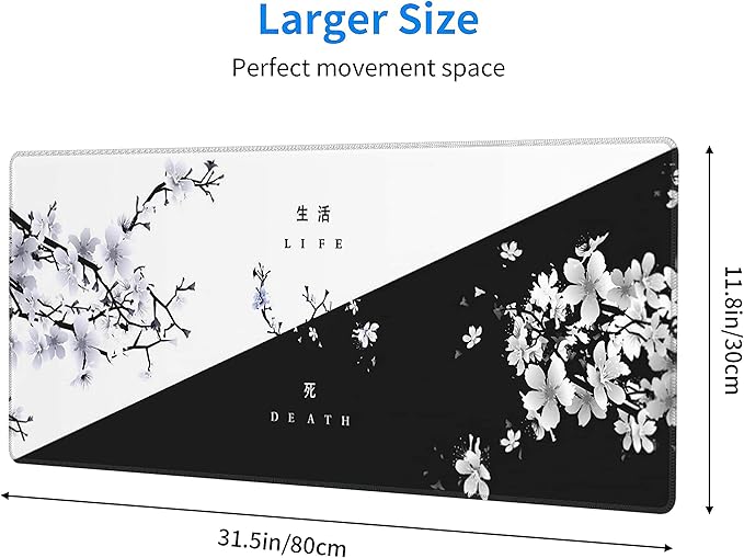 Black White Cherry Blossom Mouse Pad Japanese Sakura Death Life Flower Extended Desk Mat 80X30 cm Non-Slip Rubber Base Stitched Edge Large XL Playmat for Keyboard Gaming Laptop Desktop,31.5×11.8 Inch