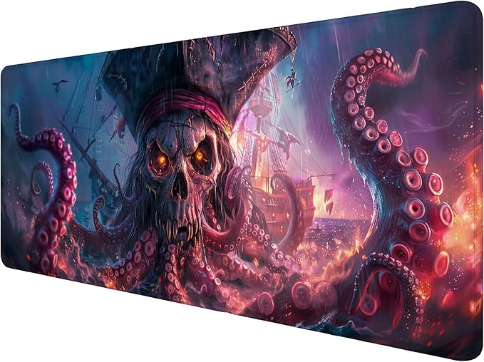 Octopus Pirate Skull Desk Mat Black Ship Large Gaming Mouse Mat with Stitched Edges,Non-Slip Waterproof Rubber Base Mous Mat 31.5"x11.8" Office Computer Keyboard Laptop Home