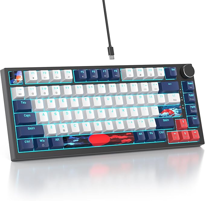 75% TKL Wired Mechanical Keyboard,RGB Backlit Gasket Mount 82 Key Hot Swappable Custom Linear Red Switch Gaming Keyboard with Volume Knob & PBT Keycaps (82 White Earth)