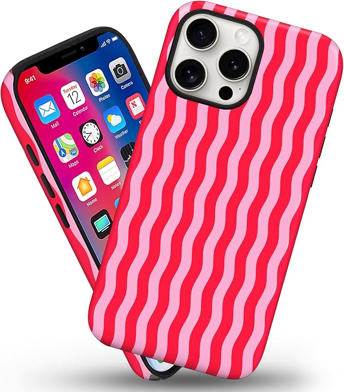 Magnetic for iPhone 15 Case Cute Wavy Stripes Phone Case, Shockproof Slim TPU and Hard PC Protective Phone Cover Compatible with MagSafe Designed for Women Girls, Red