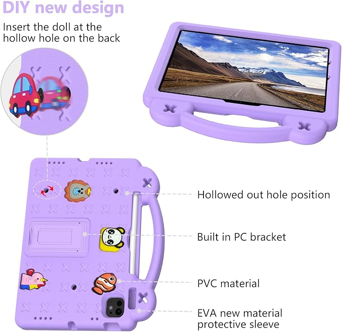 Dteck Case for iPad Air 5th/4th Gen 10.9" 2022/2020,iPad Pro 11" 4th/3rd/2nd/1st Gen,Cartoon Panda Shockproof Rugged Lightweight Convertible Handles Stand Kid Friendly Pencil Holder Case,Light Purple