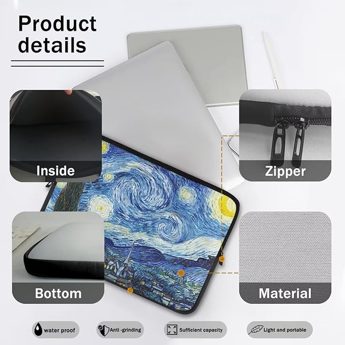 Starry Night Laptop Sleeve Case for Women Men Fashion Van Gogh Painting Pattern Laptop Protector with Versatile Uses Easy to Clean Ideal Gifts for Daily Use Travel at Different Occasions