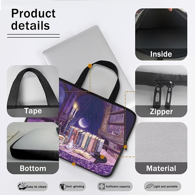 Purple Library Laptop Sleeve Case for Women Men 17 Inch Laptop Protector with Multiple Uses Portable Computer Sleeve Kawaii Cat Tablet Bag Laptop Carrying Case Gifts for Girls