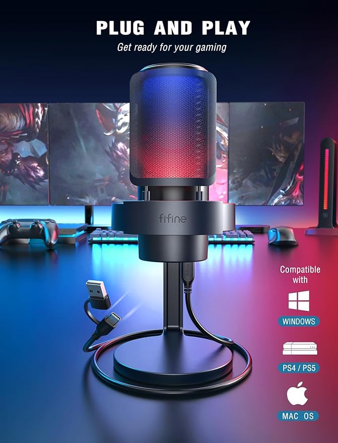 FIFINE Gaming Microphone, USB PC Mic for Streaming, Podcasts, Recording, Condenser Computer Desktop Mic on Mac, with RGB Control, Mute Touch, Headphone Jack, Pop Filter, Stand-AmpliGame A8