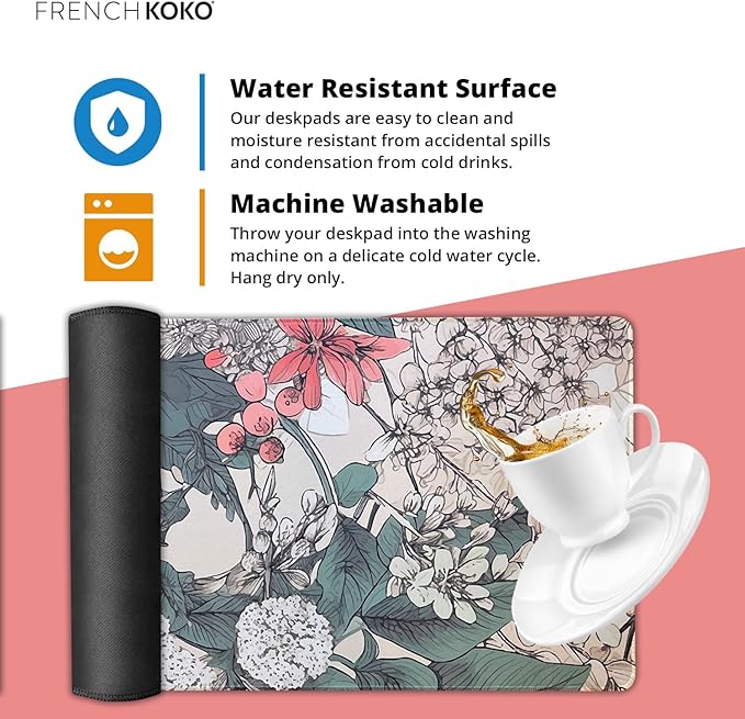 French KOKO Large Desk Mat 36" x 16.5" – Botanical Floral Mouse Pad for Keyboard & Mouse – Non-Slip Waterproof Desk Protector Aesthetic Office Pad for Women
