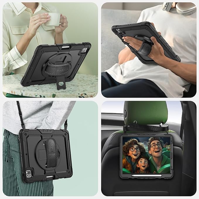 SEYMAC Case for iPad Pro 12.9 2022/2021/ 2020/2018, Heavy Duty Protection Shockproof Case with Screen Protector, 360° Rotating Stand/Handle/Shoulder Strap, Supports Pencil 2 Charging, Black