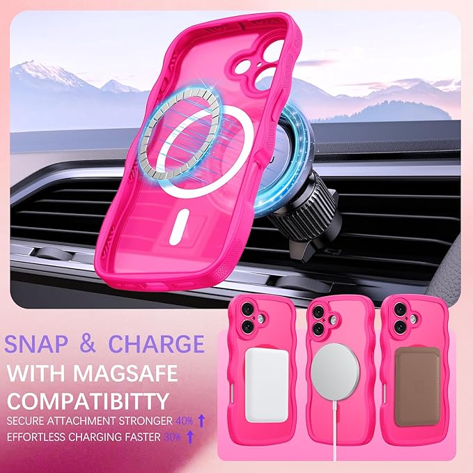 BENTOBEN Magnetic for iPhone 17 Case, Cute Wavy Full Camera Protection [Compatible with MagSafe] Translucent Matte Anti-Slip Bumper Women Girls Boys Protective Cover for 17 6.3",Hot Pink