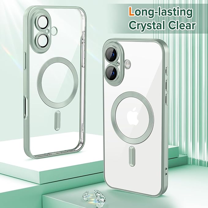 Hython Magnetic Clear for iPhone 16 Plus Case with Camera Lens Protector [Compatible with MagSafe] Luxury Plating Edge Slim Soft TPU Cover Protective Phone Case for iPhone 16 Plus, Matte Mint