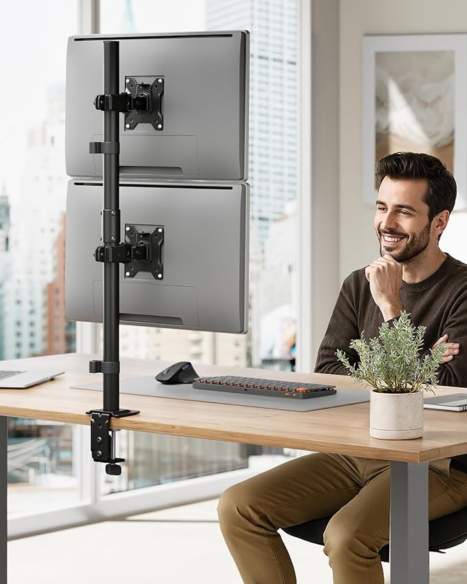 monTEK Stable Vertical Dual Monitor Mount, Stacked Desk Stand for Two 17-32 inch Screens, Full Motion Arm with Tilt, Swivel, Rotation, Supports 22 lbs per Side, C-Clamp/Grommet Base, VESA 100×100mm