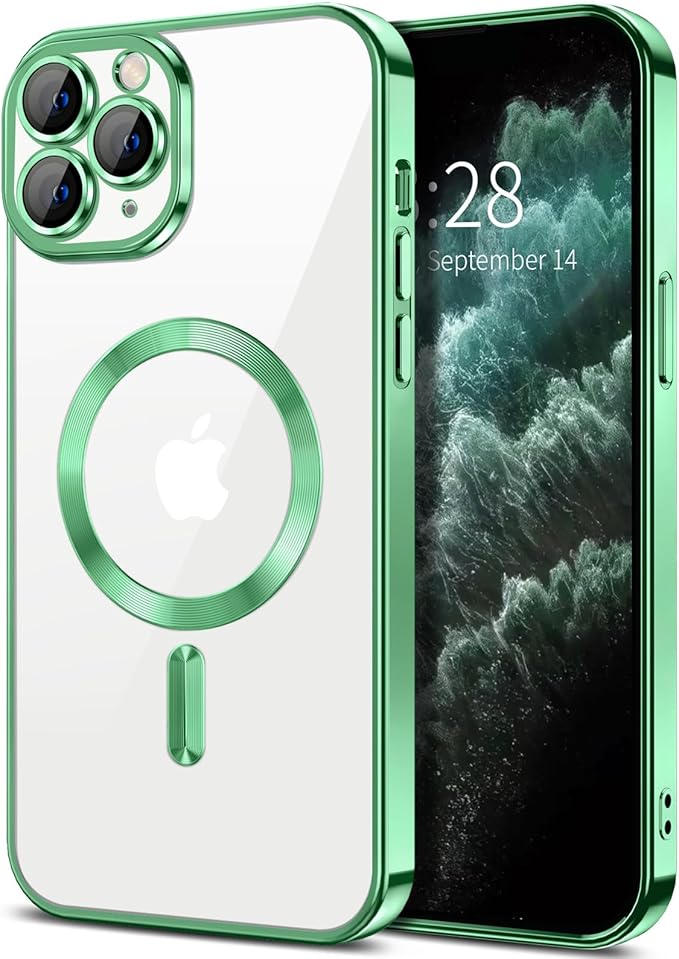 Hython Magnetic Clear for iPhone 11 Pro Max Case with Camera Lens Protector [Compatible with MagSafe] Plating Edge Slim Soft TPU Cover Protective Phone Case for iPhone 11 Pro Max 6.5", Light Green