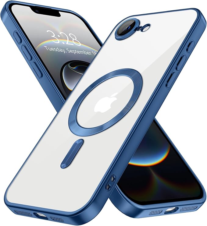 Hython Magnetic Clear for iPhone 16e Case with Camera Lens Protector [Compatible with MagSafe] Luxury Plating Edge Slim Soft TPU Cover Protective Phone Case for iPhone 16e 6.1", Matte Deep Blue
