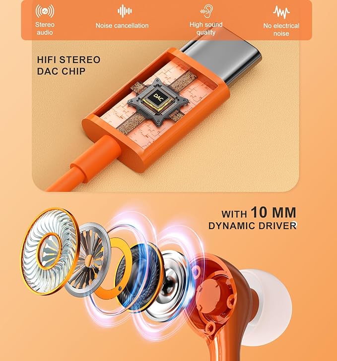 Wired Earbuds USB C for iPhone 17 Pro Max 15 16 iPad Air Pro 11/13 in Ear Headphones Wired with Microphone Volume Control Type C Headphones for Samsung S26 S25 Ultra S24 A16 A56 Xiaomi Pixel Orange