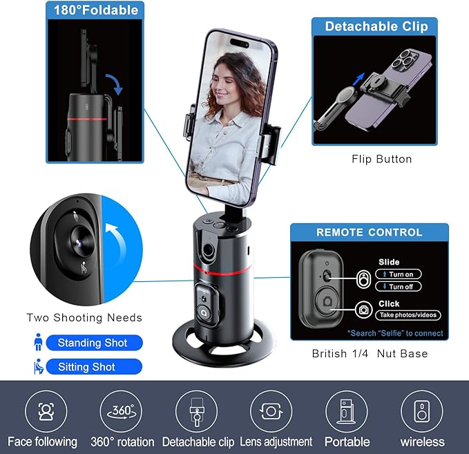 GREEN HOUSE Auto Face Tracking Phone Holder, Selfie Gimbal with Rechargeable & Detachable LED Fill Light & Detachable Controller