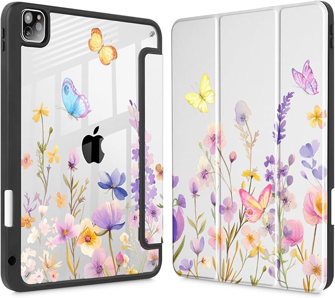 Tuiklol for iPad Pro 11 Inch 4th / 3rd / 2nd / 1st Gen (2022 2021 2020 2018) Case -Built-in Pencil Holder Shockproof Cover Clear Transparent Back Shell with Auto Wake/Sleep, Purple Flower
