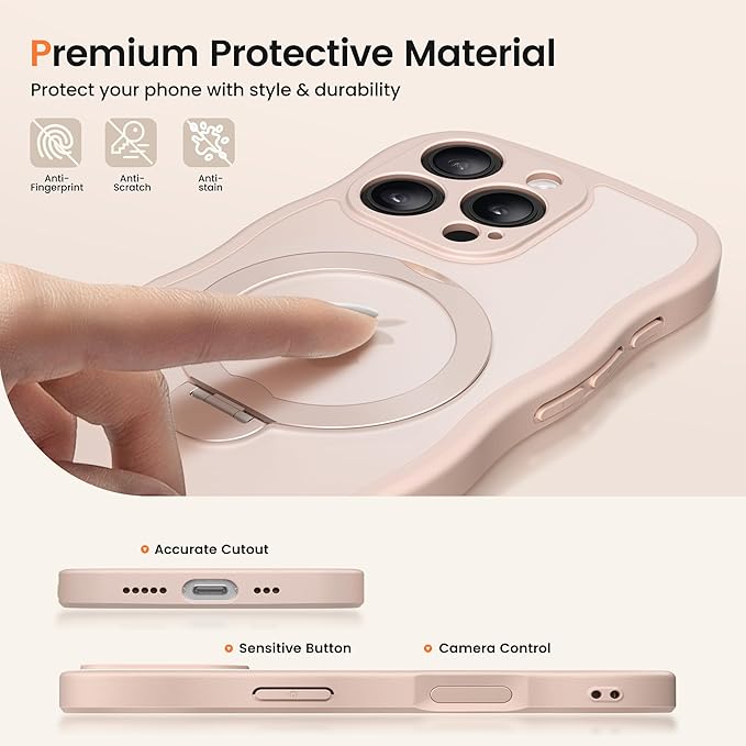 CAPRARO for iPhone 16 Pro Case with 360° Spin Magnetic Stand for Women, [Compatible with MagSafe] [Full Camera Protection] Cute Wave Translucent Matte Case for iPhone 16 Pro, Rose Gold