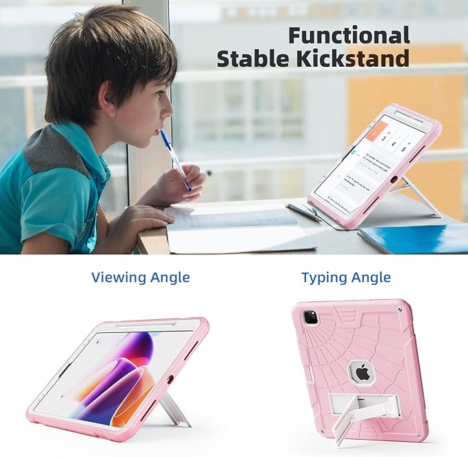 TSQQST Case for iPad Pro 12.9 Inch 6th/5th/4th/3rd Generation 2022/2021/2020/2018 for Kids Girls, Full Body Shockprof Rugged Protection Case Cover with Stand +Pencil Holder+ Shoulder Strap | Pink