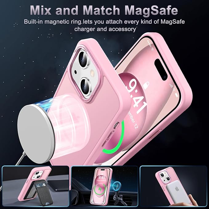 Newfuture Magnetic for iPhone 15 Case [Compatible with Magsafe] [Military Grade Drop Protection] Translucent Matte Anti-Fingerprint Shockproof Phone Case for iPhone 15 6.1 inch, Chalk Pink