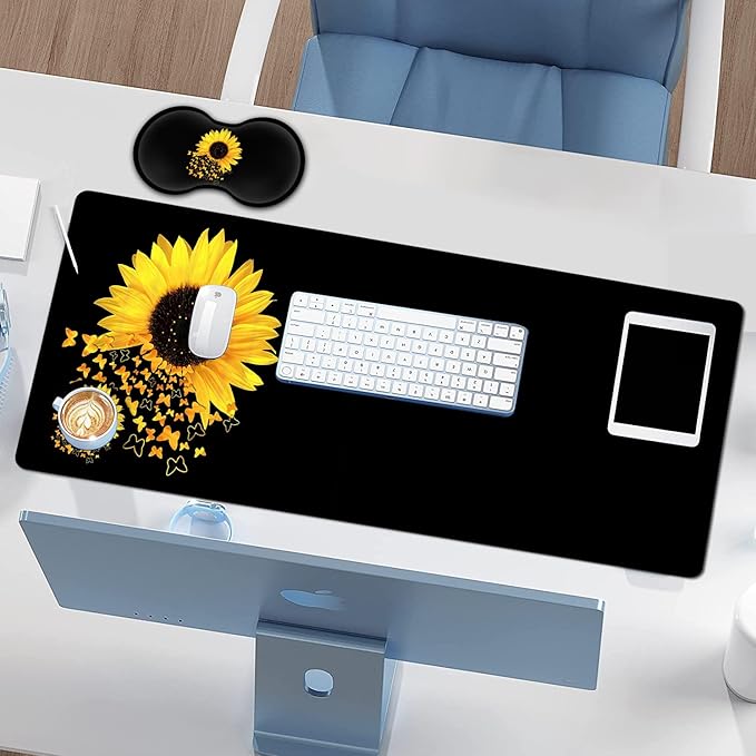 Large Gaming Mouse Pad, Extended Waterproof Desk Pad Protector (31.5" x 11.8") Ergonomics Memory Foam Mouse Wrist Rest Support, for Home Office Laptop, Sunflowers and Butterflies Black Mouse Mat