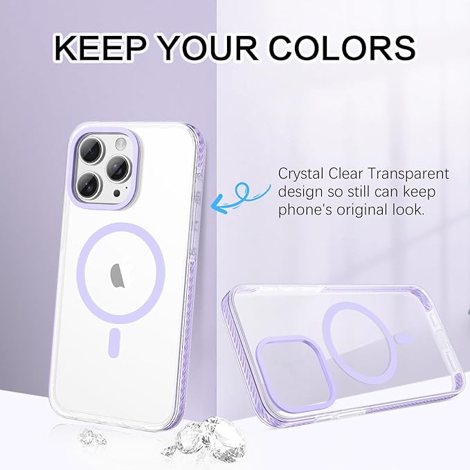 BENTOBEN Magnetic for iPhone 15 Pro Max Case 6.7", Compatible with Magsafe Military Shockproof Protective Bumper Cute Transparent Slim Anti-Yellowing Case for iPhone 15 Pro Max Cover, Clear Purple