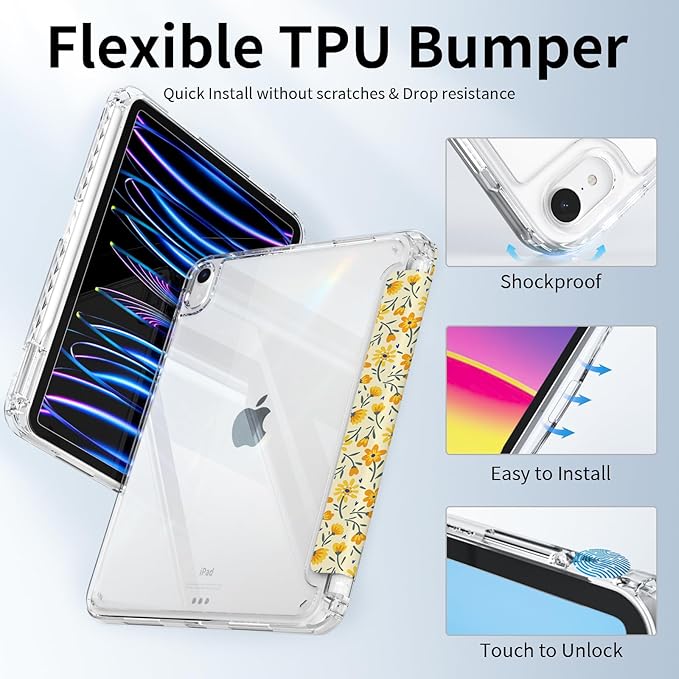for iPad Air 11 Inch Case M4 (2026)/ M3 (2025)/ M2 (2024), iPad Air 10.9" 5th/4th Generation Case 2022/2020 with Pencil Holder, Slim Trifold Stand Clear Back Cover, Yellow Composition Book