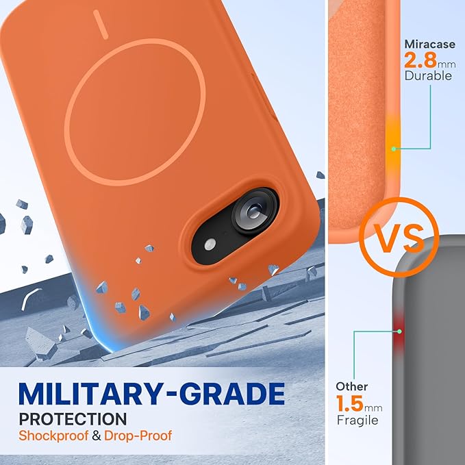 Miracase Magnetic for iPhone 17e Case & iPhone 16e Case, [Soft Anti-Scratch Microfiber Lining], Compatible with MagSafe, Silicone Shockproof Protection Phone Case for iPhone 17e/16e, Orange