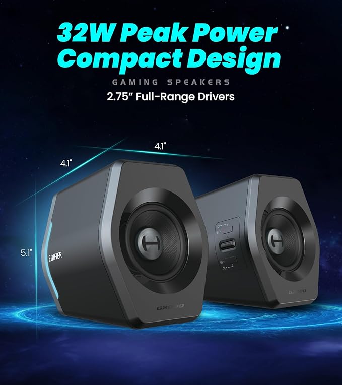 Edifier Hecate RGB Gaming Speakers, 32W Peak Power, Bluetooth 5.1, Game/Movie/Music Modes, 12 RGB Lighting Effects, Compact Design for PC/PS4/Desktop - Black