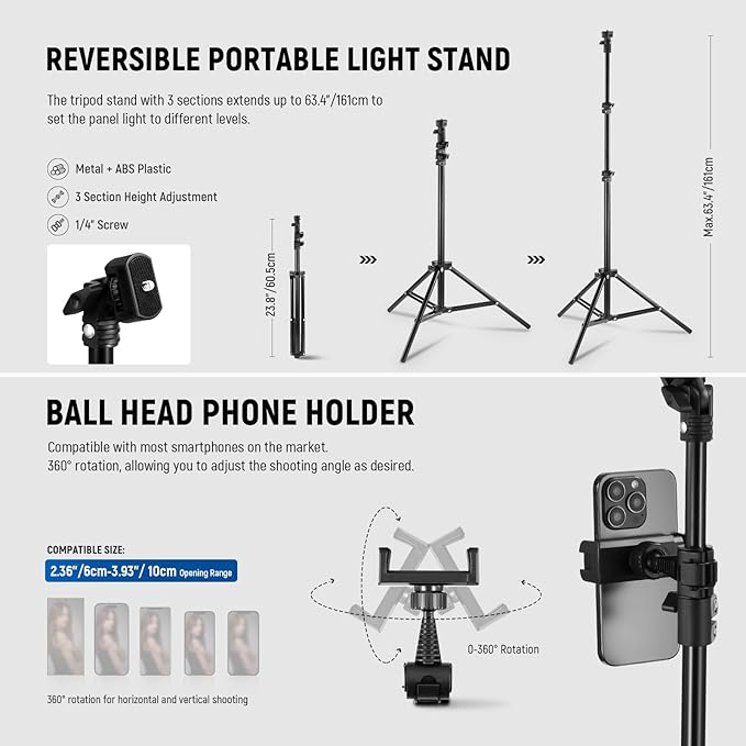 NEEWER Basics 2 Pack 15W 10.8" LED Video Light Panel Lighting Kit with 63" Tripod Stands, Edge Lit Bi Color Dimmable Studio Light 816lux CRI95+ for Photography Filming Recording Streaming, L220